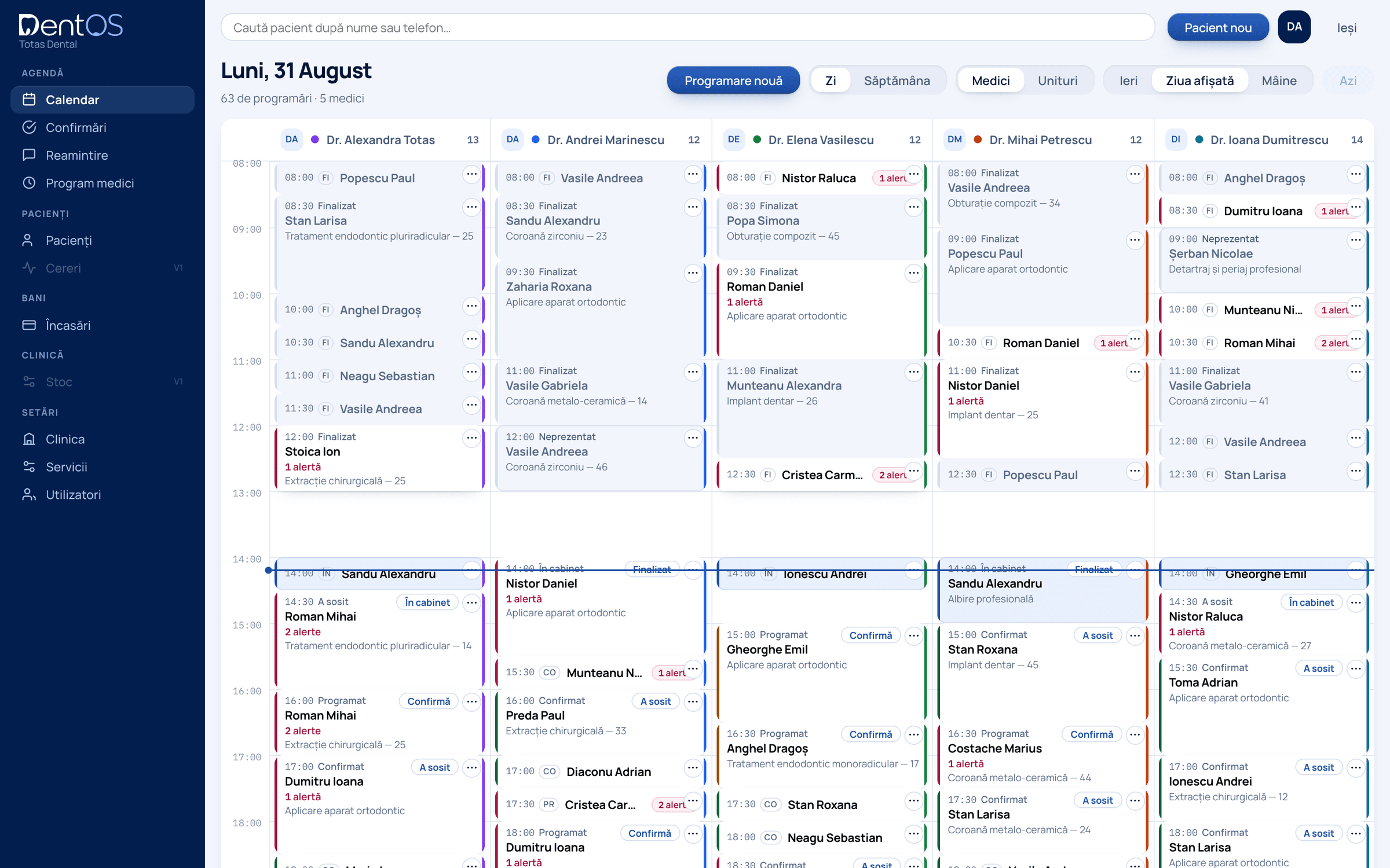 Calendarul DentOS: programările organizate pe medici, cu ora, pacientul și statusul la vedere. Exemplu din prezentarea aplicației.